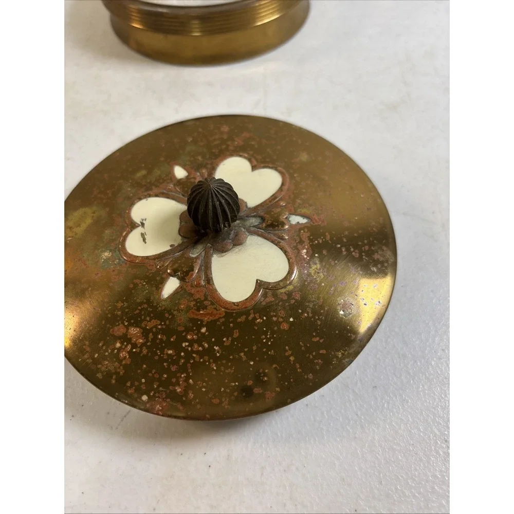 Brass & Glass Powder Hearts Vanity Trinket‎ Jar Art Deco VTG